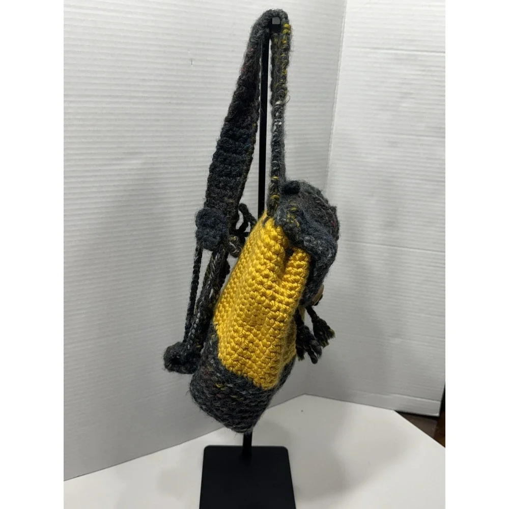 UNIQUE‎ Crochet Backpack W/hair Ties 70s Festival Hippie Blue-Yellow Boho Bag